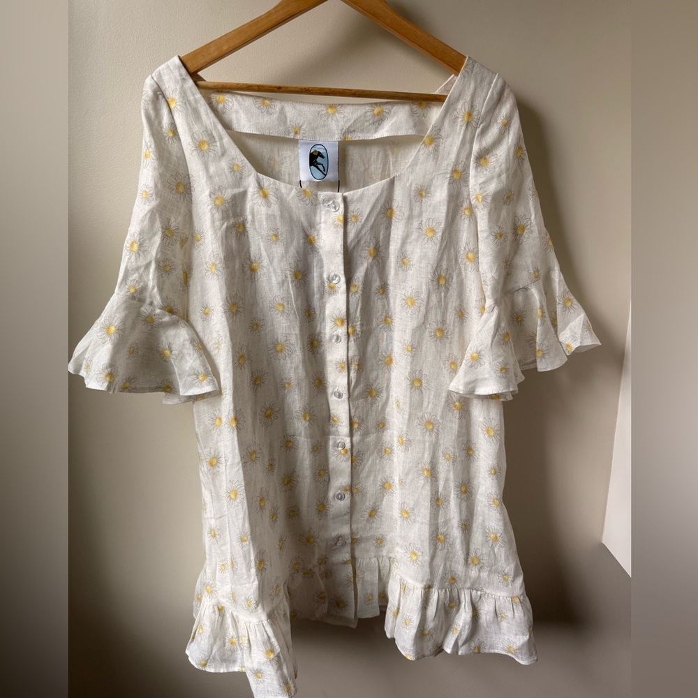 NWT SLEEPER Marseille Mini Dress Ruffle Daisies Linen Floral Daisy Soft Girl M